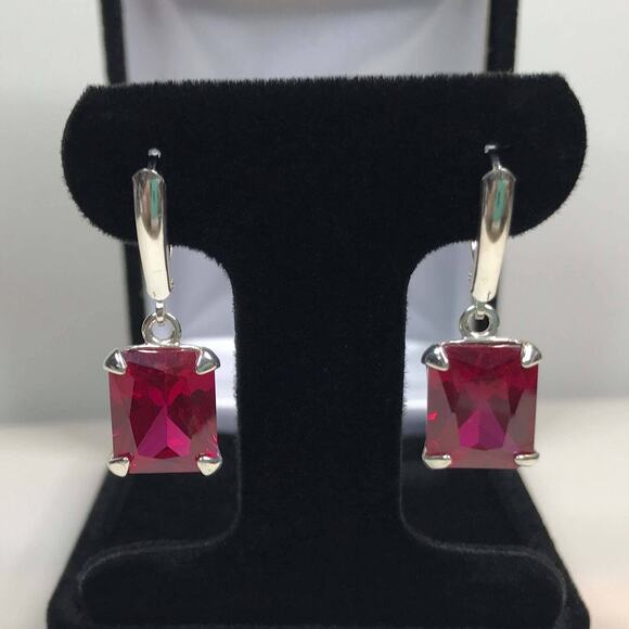 GORGEOUS 8ctw Emerald Cut Ruby Earrings in Sterling Silver - Picture 5 of 5